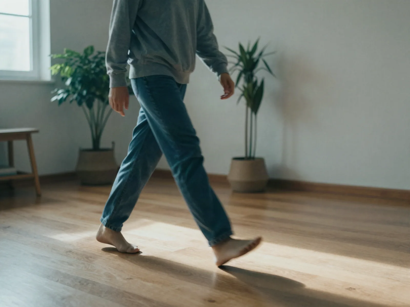 movimento e consciência corporal: pessoa caminhando devagar em sala iluminada