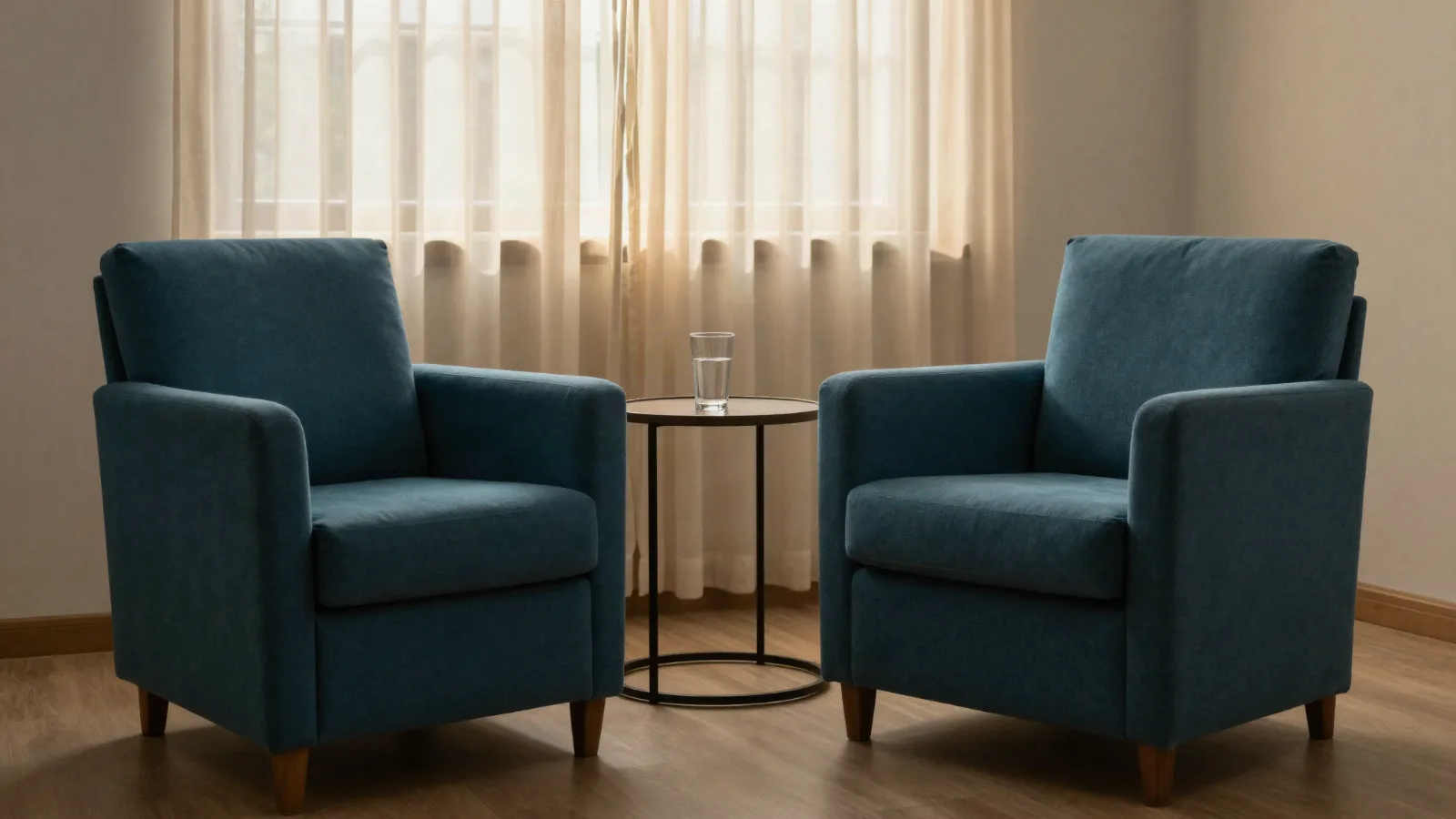 duas poltronas vazias em sala de psicoterapia, ambiente calmo